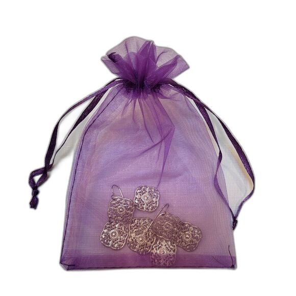 Silver Lace Pendant Pierced Earrings 4 Pendants Shiny Vintage Style 1.5 in drop - Picture 8 of 8